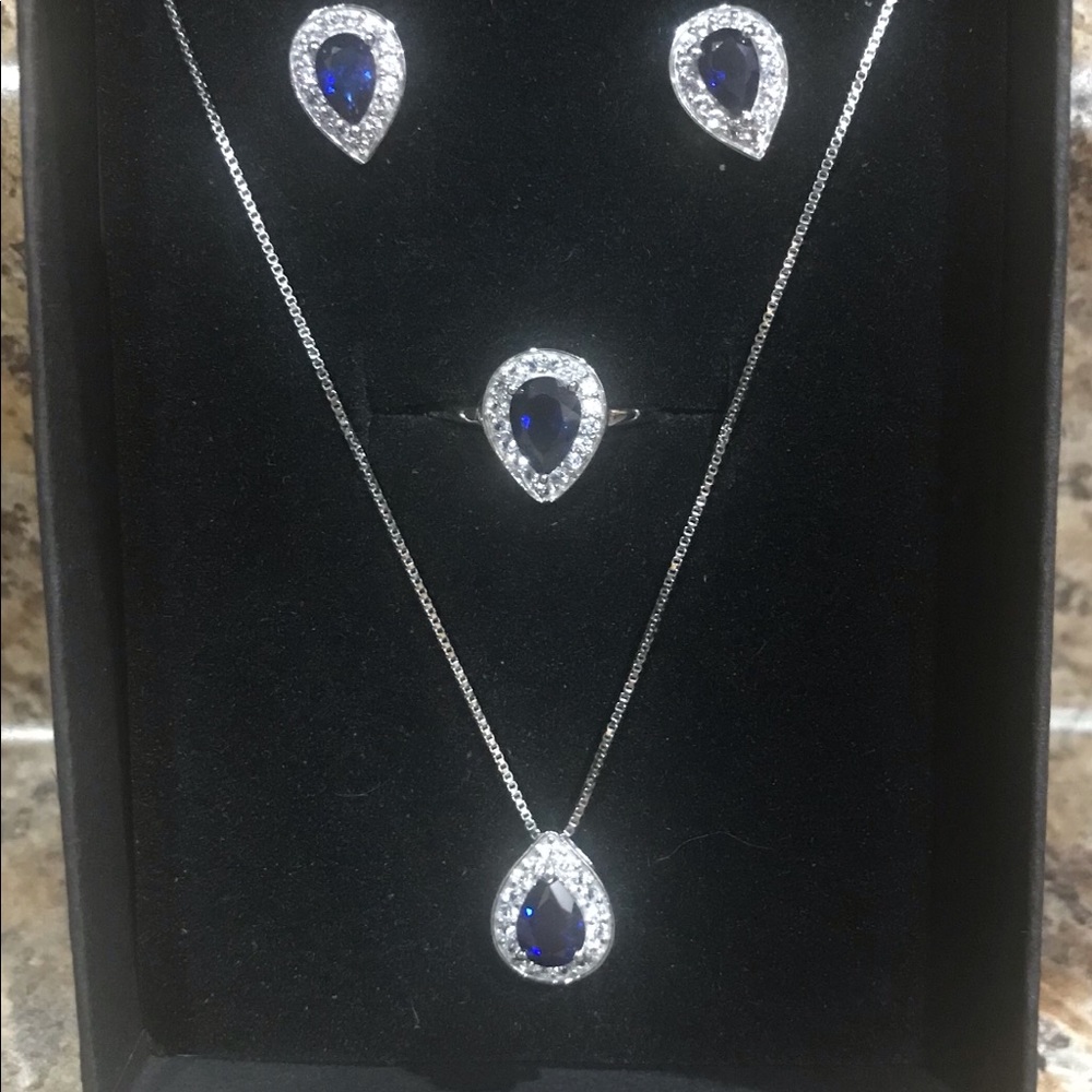 Sapphire Earrings, ring, and necklace set